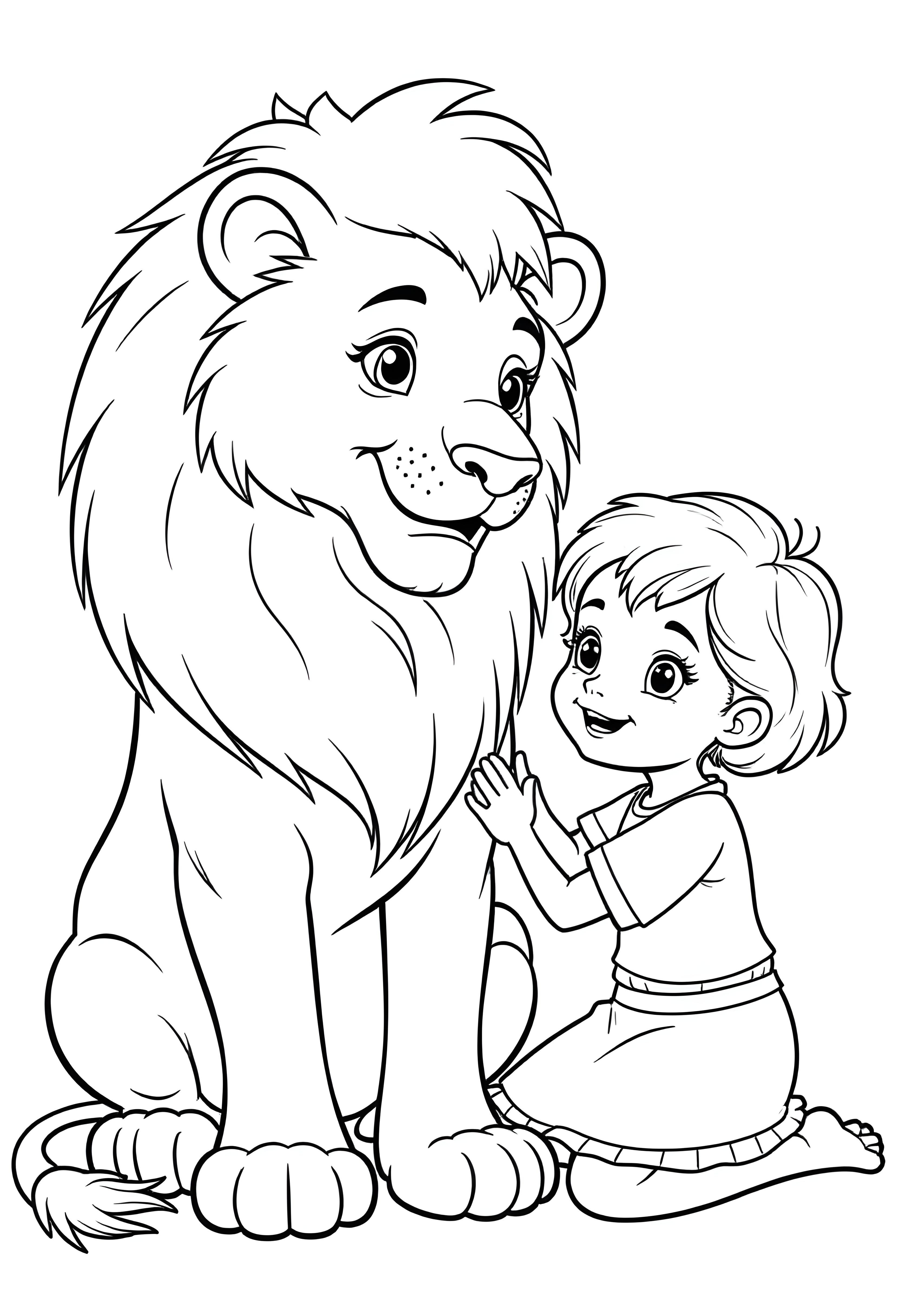 A young girl with a lion coloring page